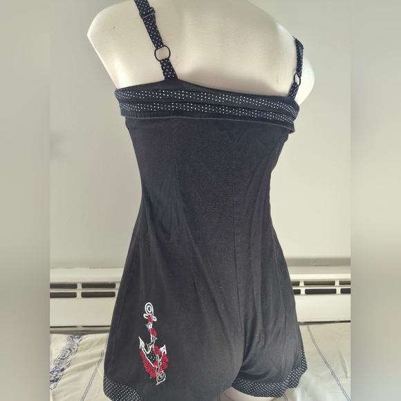 Black Polka Trim Sweetheart Romper with Anchor Embroidery - Picture 6 of 10